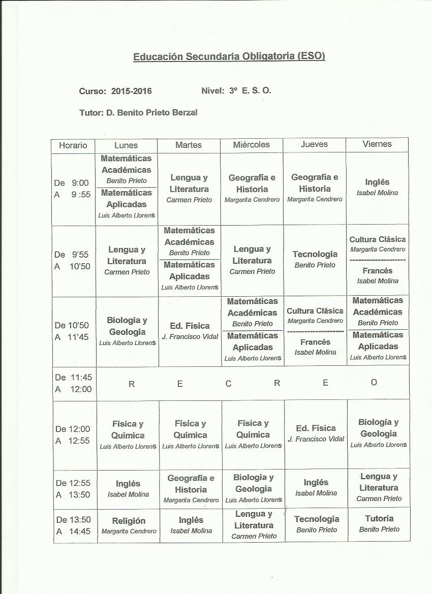 HORARIO 3º ESO