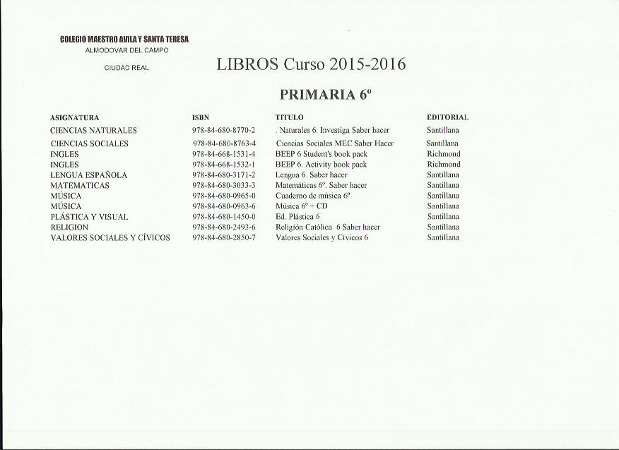 Libros 6º Primaria curso 2015-2016
